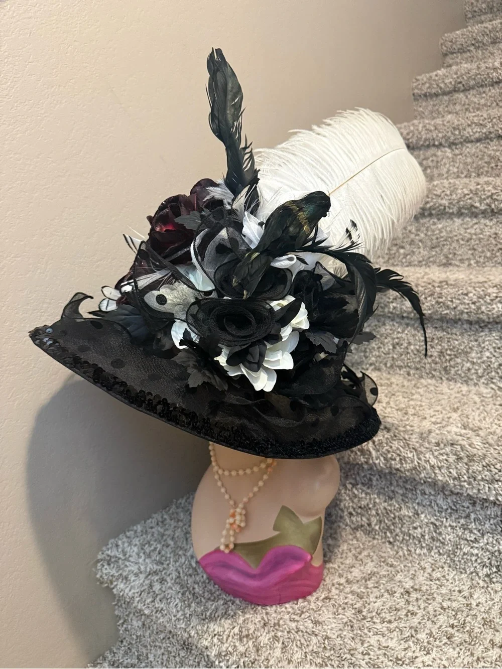 Elegant Black and White Feathered Floral hat blazing